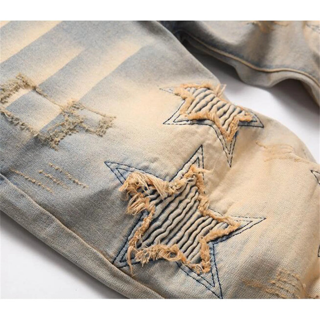 New And Style Stretch Hole Beggar Street Embroidery With Vintage Flanged Personality Fashion Men'S Casual High Quality Pants
