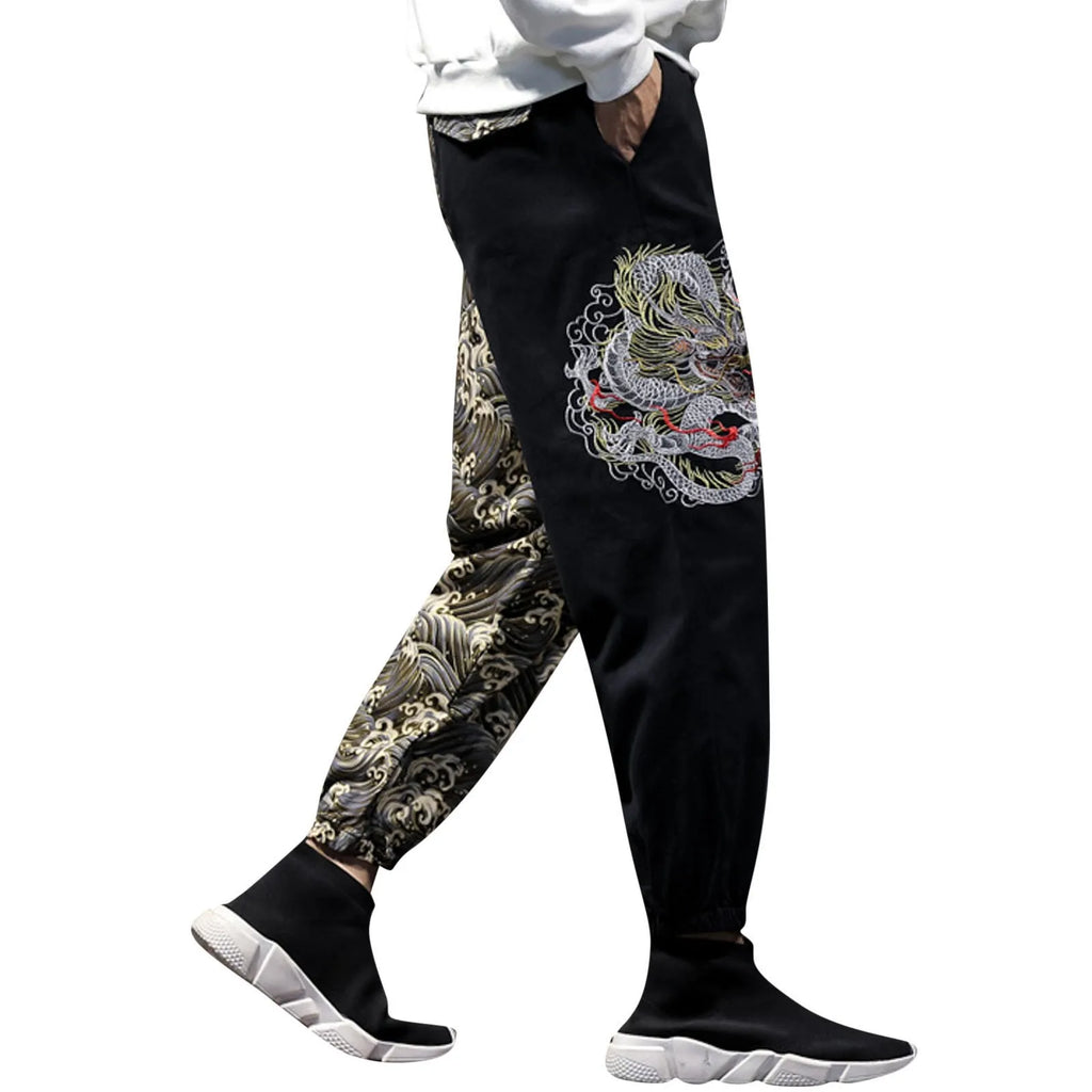 Flat Front Loose Mens Japanese Retro Trend Embroidered Color Matching Casual Trousers