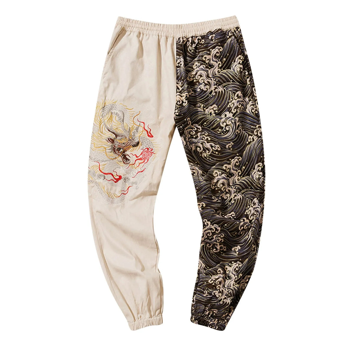Flat Front Loose Mens Japanese Retro Trend Embroidered Color Matching Casual Trousers