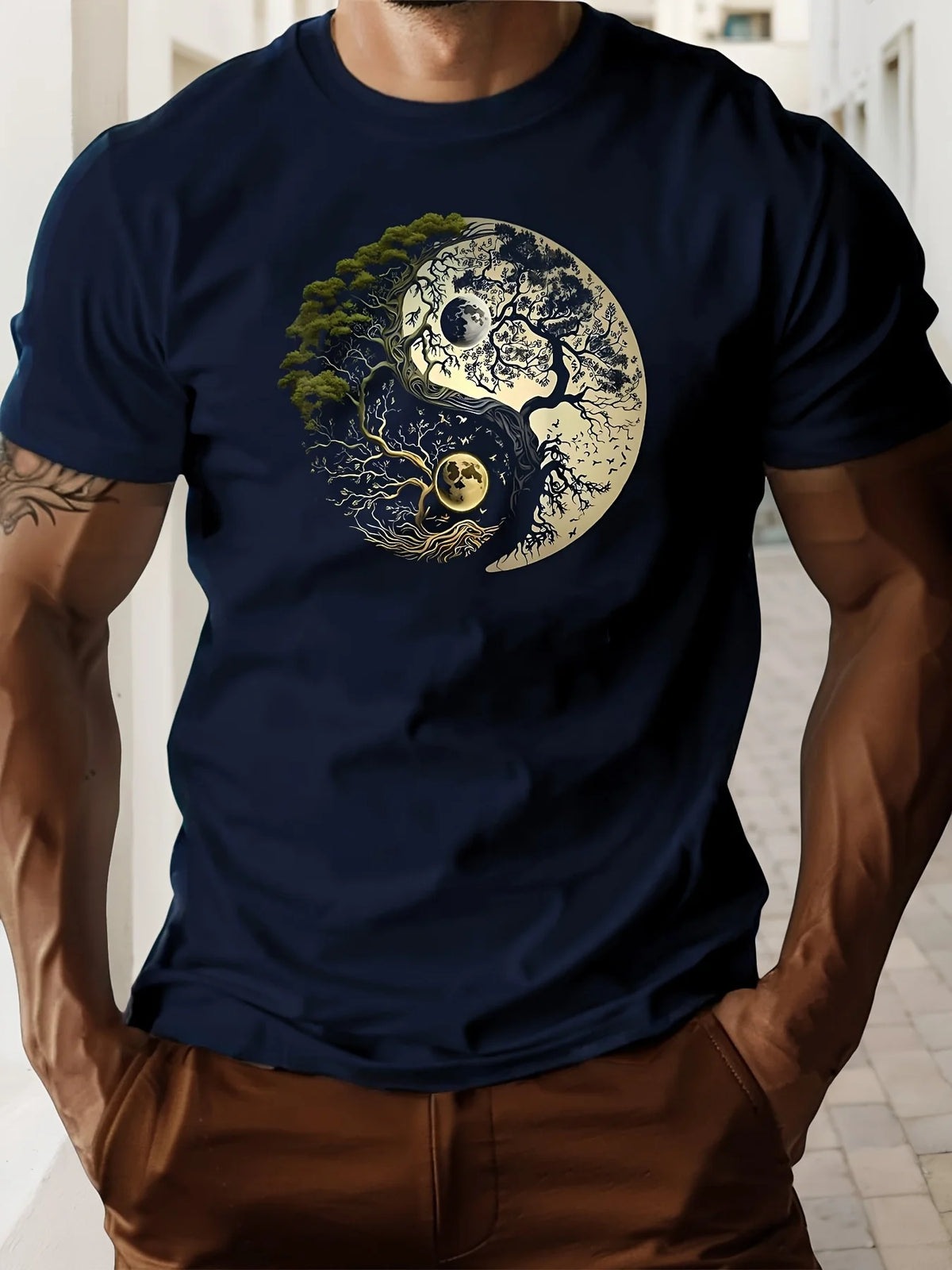 Men's summer 100% pure cotton fashionable casual loose sports yin-yang tree pattern print round neck short sleeved T-shirt top