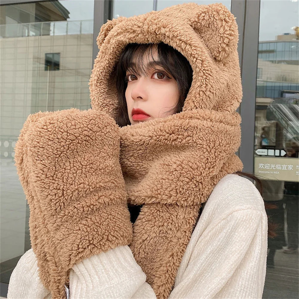 Cute Bear Ear Hat Fashion Winter Warm Comforts Polyester Thickened Plush Hoodie Hat Scarf Gloves Set Girl Kawaii Warm Casual Hat