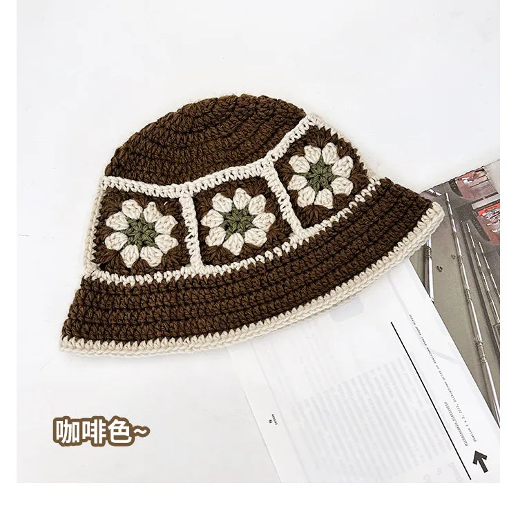 2025 Autumn New Crochet Korean Handmade Bucket Hat Women Weaving Knitted Hat Y2k Fashion Flowers Autumn Winter Beanies Basin Cap