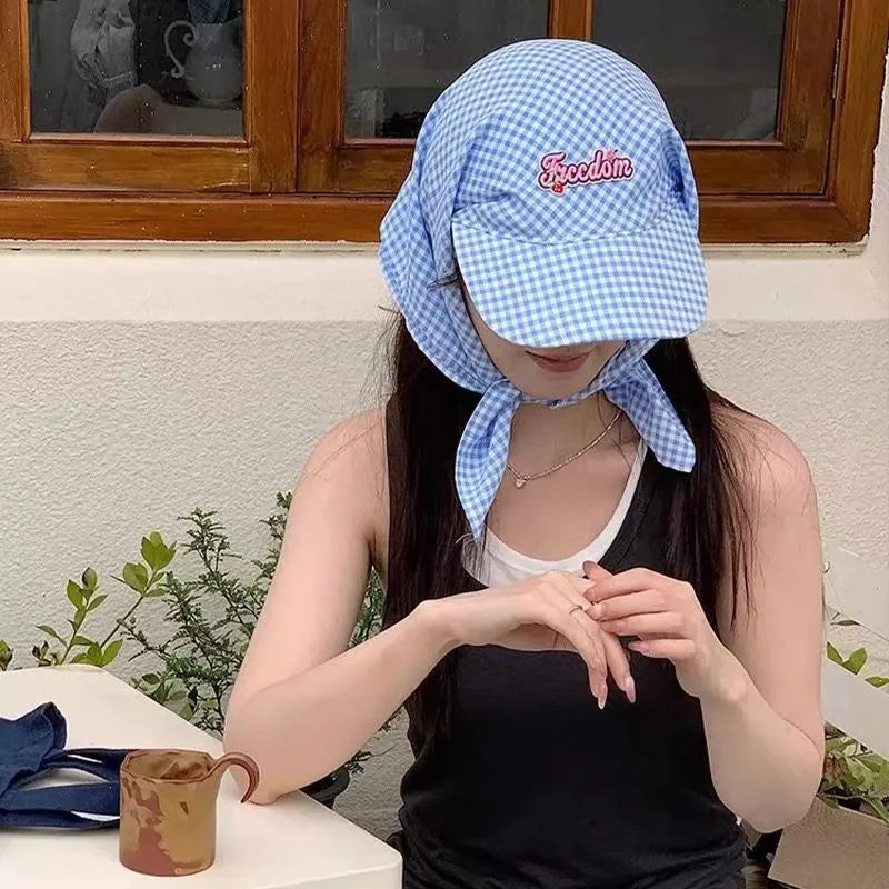 Women's Sunshade Hats Plaid Simple Sweet Personality Fashion Trendy Korean Style Versatile Headwears Outdoor Beach Head Scarfs
