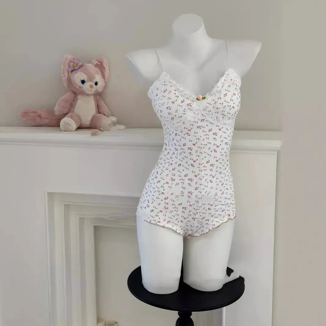 Women Sexy  Floral Print Bodysuit Lace Trim Sleeveless Slim Fit Leotard Summer Jumpsuit Romper Sexy Underwear Nightwear Lingerie