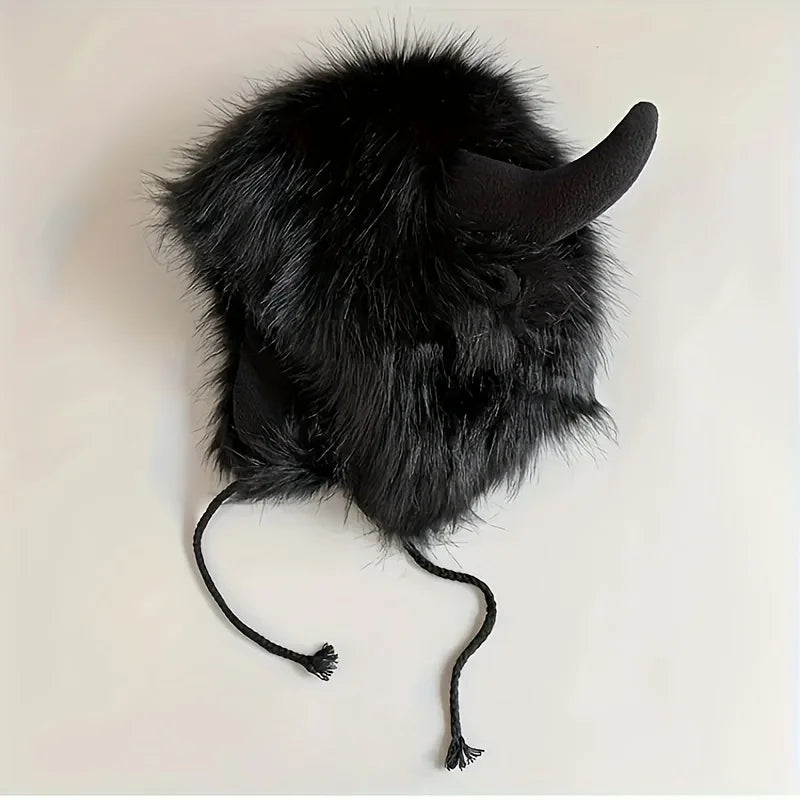 Women's Cow Skull Fisherman Hat with Faux Fur Horns - Winter Warm Ear Protection Beanie, Soft Imitation Mink Material women