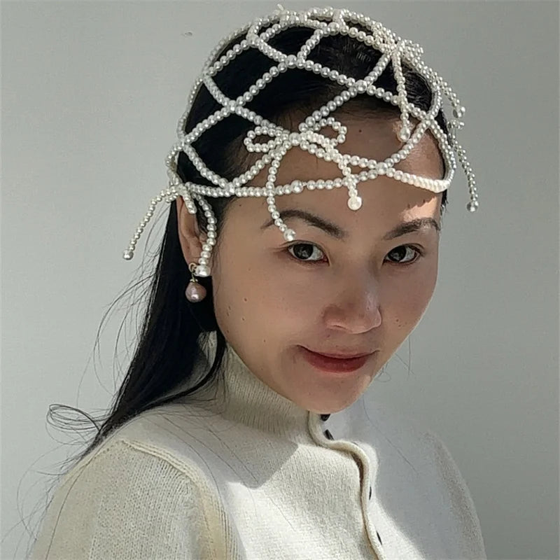 2024 new fashion chic women white handmade pearl weave hat