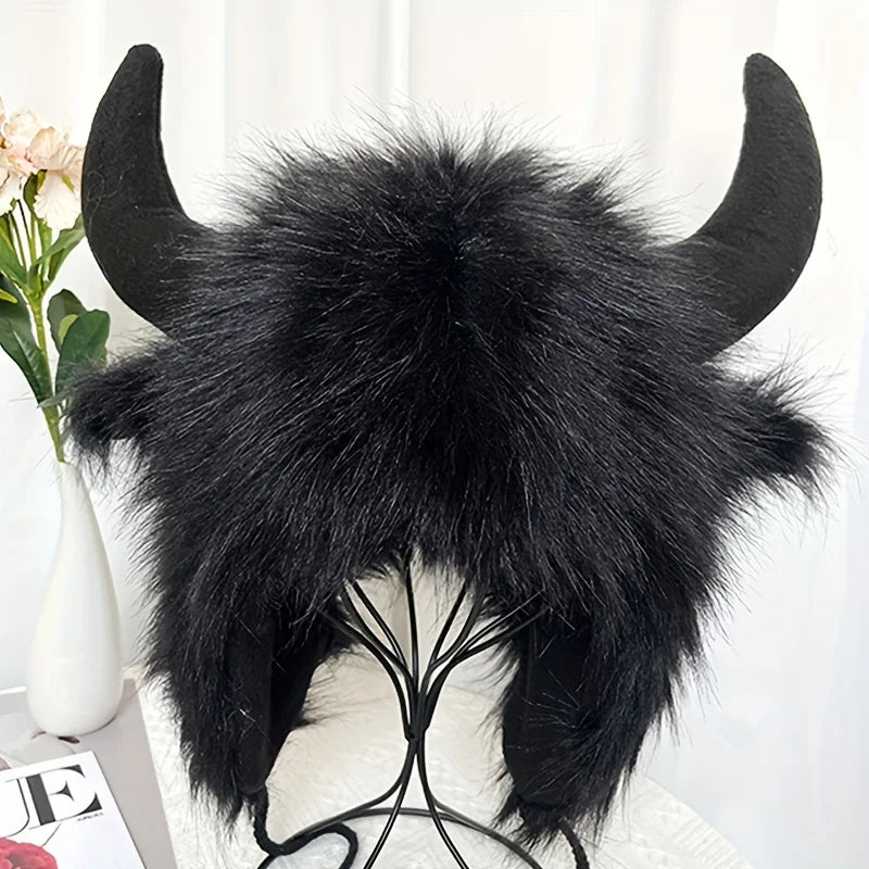 Women's Cow Skull Fisherman Hat with Faux Fur Horns - Winter Warm Ear Protection Beanie, Soft Imitation Mink Material women