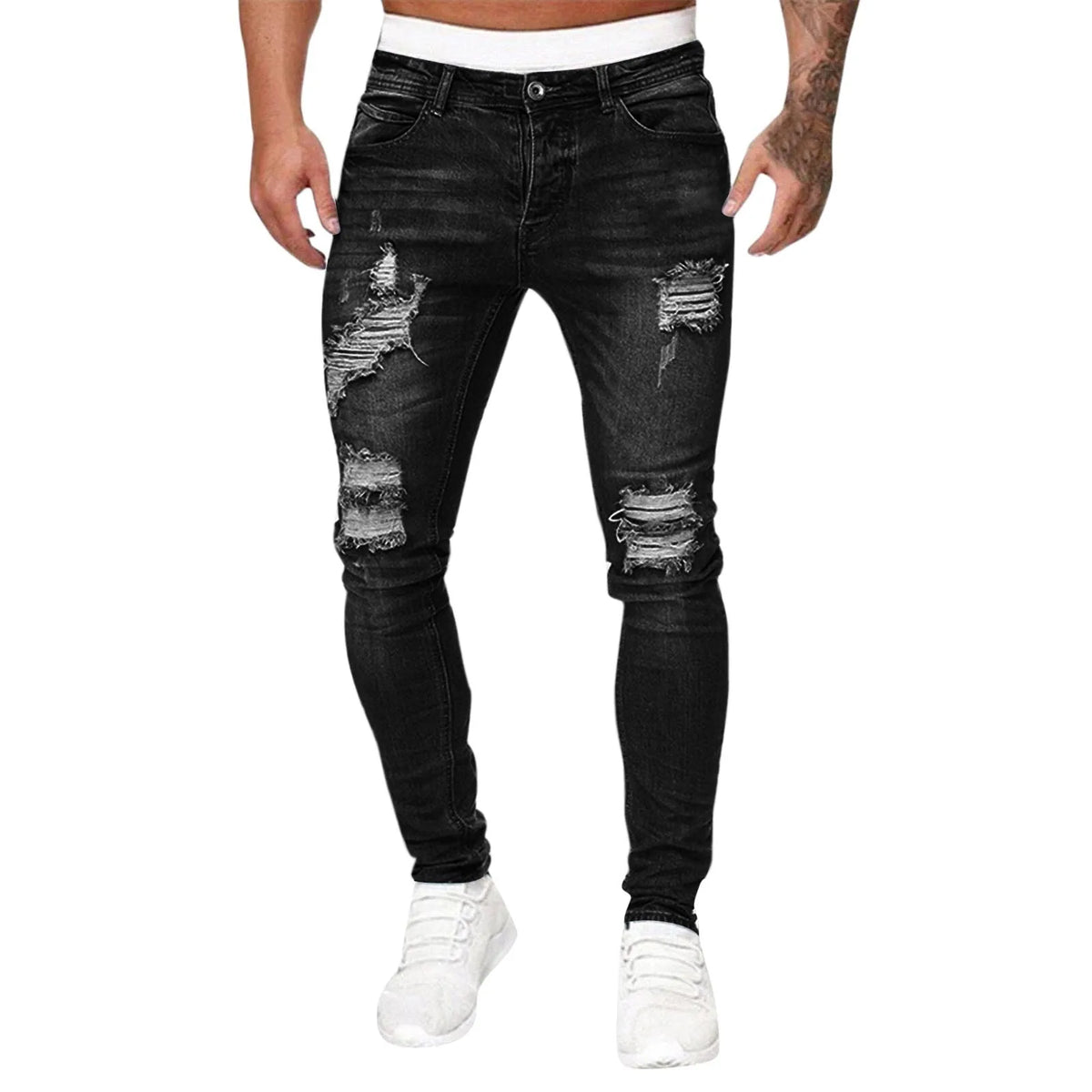 Men'S Casual Hip Hop Sports High Stretch Tight Wash Polished White Ripped Fit Zipper Jean Pants Business Stretch Men'S Jeans