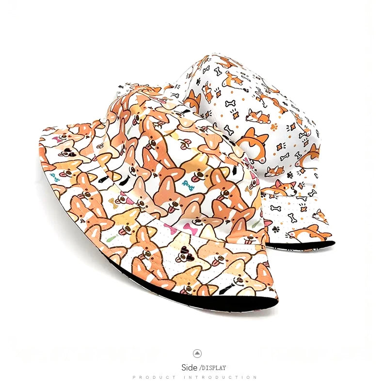 Bocca Cartoon Dog Bucket Hat Corgi Puppy Printing Fisherman Hats Double Sides Panama Cap Adult 58cm Caps Outdoor Travel Summer