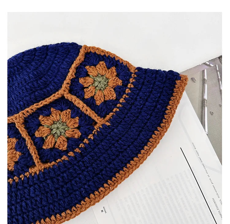 2025 Autumn New Crochet Korean Handmade Bucket Hat Women Weaving Knitted Hat Y2k Fashion Flowers Autumn Winter Beanies Basin Cap