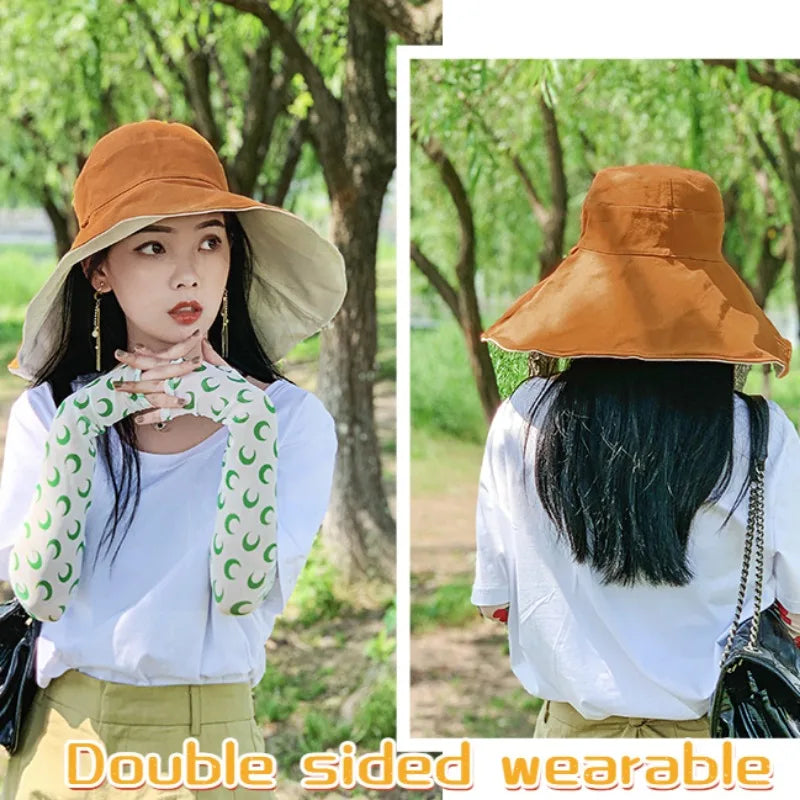 Wide Brim UPF 50+ Sun Hat Women Anti-UV Protection Hiking Fisherman Cap Fold Summer Solid Beach Hat 2024 Double sided Sun hat