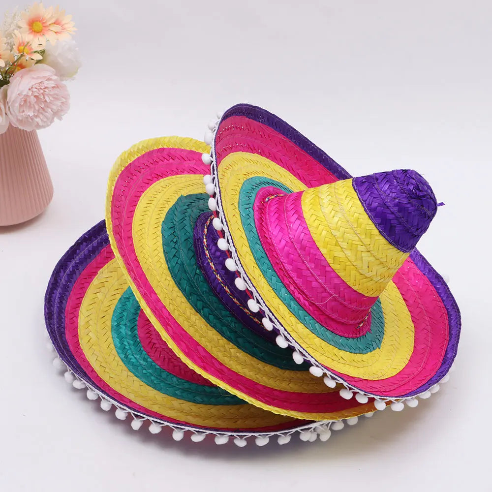 Summer Colorful Wide Brim Mexican Party Hat Halloween Sombrero Straw Hats Decor Party Beach Hat Men