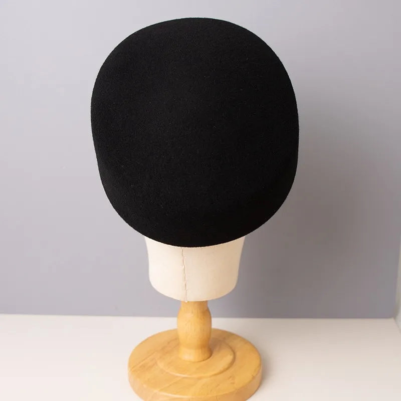 Vintage Hard Top Flat Fedoras Hats Women 100% Wool Felt Berets Hat Wedding Fascinator Caps Wedding Cocktail Party Pillbox Hat