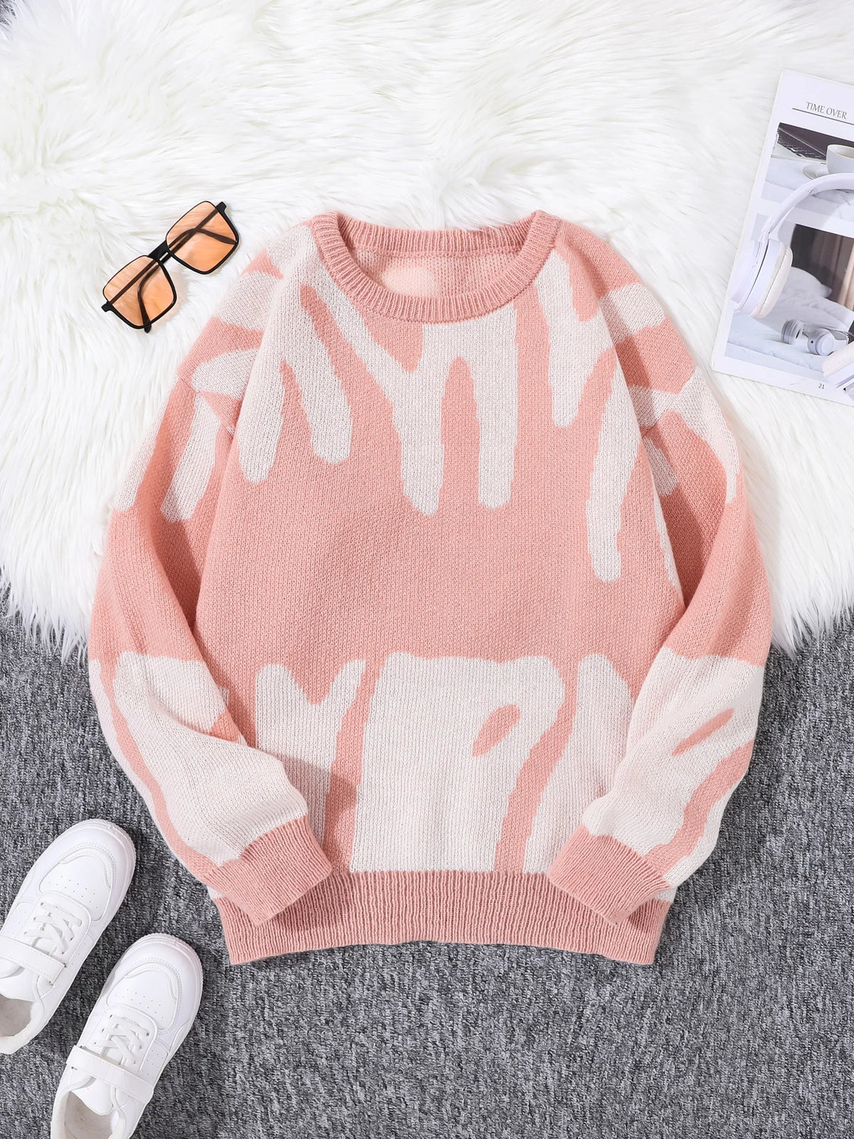 New Popular Autumn Winter Irregular Jacquard Pattern Pullover Sweater Casual Round Neck Contrast Color Knitted Men's Pullover